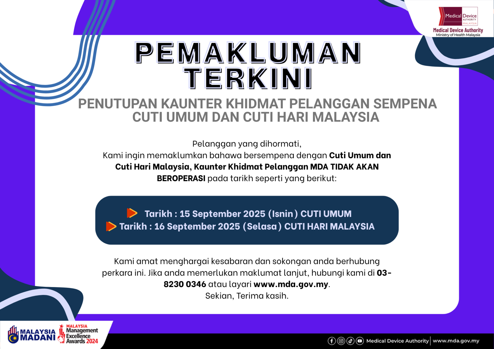 Penutupan Kaunter SEPTEMBER 2025